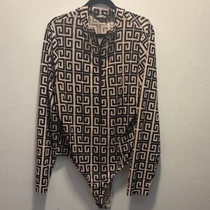 Black and Cream Geometric Top Bodysuit
